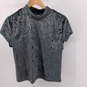 A New Day Womens XL Velvet Mock Neck Short Sleeve Steel Blue Top Whimsigoth Goth